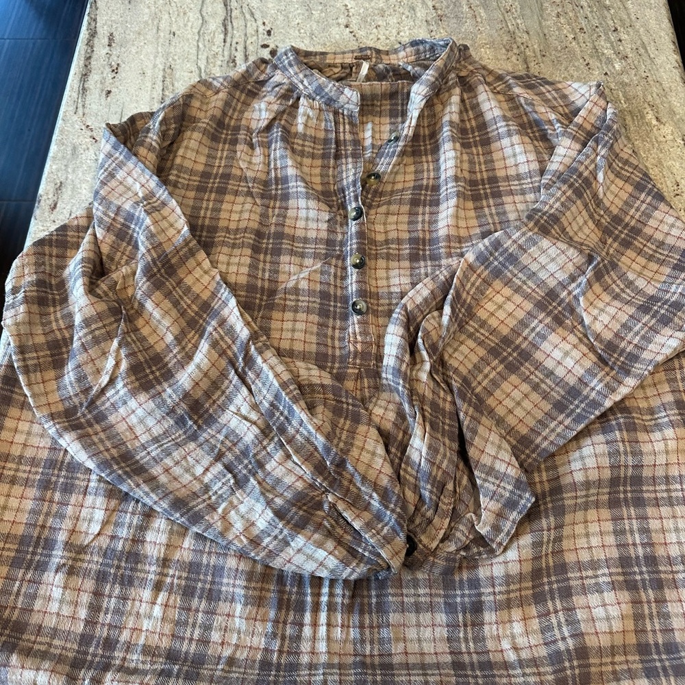 Free People Brown and Cream Blouse with Mandarin Collar